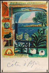 7w0420 COTE D'AZUR 26x39 French travel poster 1961 Pablo Picasso art of French Riviera, rare!