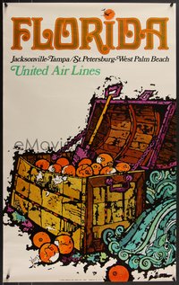 7w0433 UNITED AIR LINES FLORIDA 25x40 travel poster 1969 Jebavy art of chest w/oranges, ultra rare!