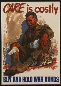 7w0762 CARE IS COSTLY 9x13 WWII war poster 1945 cool Adolph Treidler art of injured soldier!