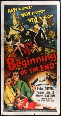 7x0328 BEGINNING OF THE END signed linen 3sh 1957 by Peter Graves, great image of giant grasshoppers