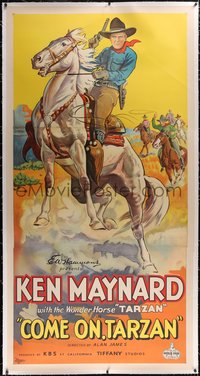 7x0329 COME ON TARZAN linen 3sh 1932 wonderful art of cowboy Ken Maynard on his horse, ultra rare!