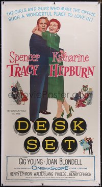 7x0332 DESK SET linen 3sh 1957 Spencer Tracy & Katharine Hepburn make the office a wonderful place!