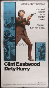 7x0333 DIRTY HARRY linen 3sh 1971 full-length Clint Eastwood pointing gun, Don Siegel, ultra rare!