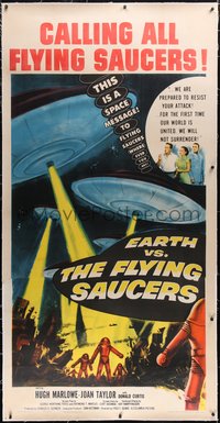 7x0334 EARTH VS. THE FLYING SAUCERS linen 3sh 1956 Ray Harryhausen classic, cool art, ultra rare!