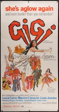 7x0336 GIGI linen 3sh R1966 Hooks art of Leslie Caron, Best Director & Best Picture, ultra rare!