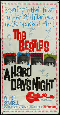 7x0165 HARD DAY'S NIGHT 3sh 1964 great image of The Beatles in their 1st film, rock & roll classic!