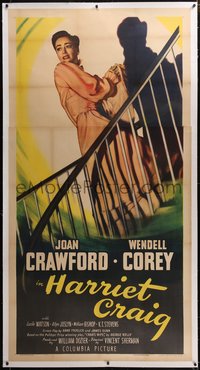 7x0337 HARRIET CRAIG linen 3sh 1950 full-length art of scared Joan Crawford by shadow on stairs!