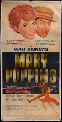 7x0341 MARY POPPINS linen 3sh 1964 Julie Andrews & Dick Van Dyke in Walt Disney's musical classic!