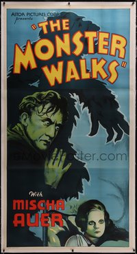 7x0342 MONSTER WALKS linen 3sh R1938 cool art of crazed Mischa Auer & menacing gorilla silhouette!