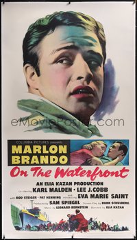 7x0343 ON THE WATERFRONT linen 3sh 1954 Elia Kazan, Budd Schulberg, Marlon Brando c/u, ultra rare!