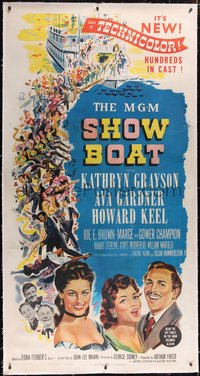 7x0348 SHOW BOAT linen 3sh 1951 art of Kathryn Grayson, sexy Ava Gardner, Howard Keel & huge crowd!