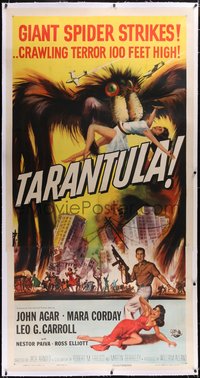 7x0349 TARANTULA linen 3sh 1955 Reynold Brown art of town running from 100 ft spider, ultra rare!