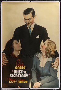 7x0398 WIFE VERSUS SECRETARY linen Meloy Bros 40x60 1936 Clark Gable between Jean Harlow & Myrna Loy!