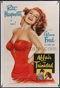 7x0445 AFFAIR IN TRINIDAD linen 1sh 1952 best art of sexiest Rita Hayworth laughing in low-cut dress!