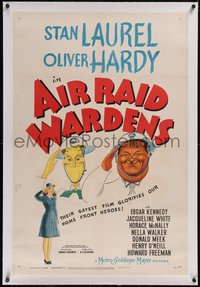 7x0447 AIR RAID WARDENS linen 1sh 1943 great Hirschfeld art of Stan Laurel & Oliver Hardy saluting!