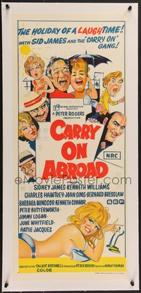 7x1045 CARRY ON ABROAD linen Aust daybill 1973 Sidney James, Williams, sexy completely different art!