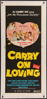 7x1047 CARRY ON LOVING linen Aust daybill 1971 Sidney James, English comedy, different wacky art!