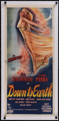 7x1049 DOWN TO EARTH linen Aust daybill 1946 wonderful full-length artwork of sexiest Rita Hayworth!