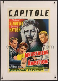 7x1074 CRIME OF PASSION linen Belgian 1957 different art of Barbara Stanwyck, Sterling Hayden!