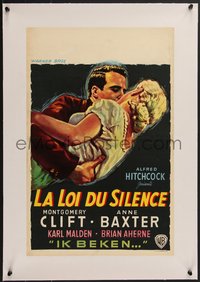 7x1084 I CONFESS linen Belgian 1953 Hitchcock, art of priest Montgomery Clift & Anne Baxter kissing!