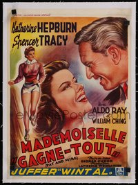 7x1093 PAT & MIKE linen Belgian 1952 great different art of Katharine Hepburn & Spencer Tracy!