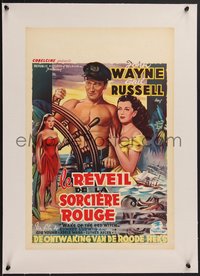 7x1103 WAKE OF THE RED WITCH linen Belgian R1950s barechested John Wayne & Gail Russell at ship helm!