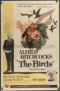 7x0191 BIRDS 1sh 1963 director Alfred Hitchcock shown, Tippi Hedren, classic intense attack art!