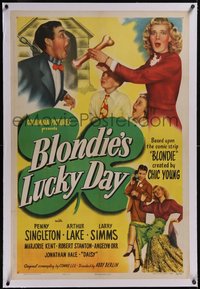 7x0476 BLONDIE'S LUCKY DAY linen 1sh 1946 Dagwood's in the dog house, Penny Singleton feeds him bone!