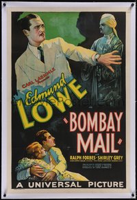 7x0479 BOMBAY MAIL linen 1sh 1934 art of Edmund Lowe, murder mystery on train in India, ultra rare!