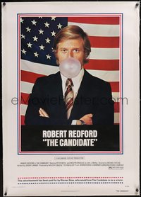 7x0492 CANDIDATE linen 1sh 1972 great image of candidate Robert Redford blowing a bubble by flag!