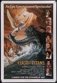 7x0502 CLASH OF THE TITANS linen advance 1sh 1981 Ray Harryhausen, Goozee art, white credits style!