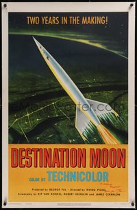 7x0521 DESTINATION MOON signed linen 1sh 1951 by George Pal, Robert A. Heinlein, cool rocket art!