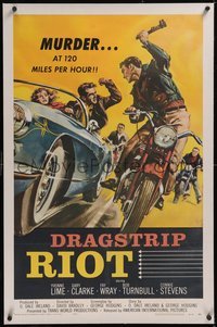 7x0526 DRAGSTRIP RIOT linen 1sh 1958 murder at 120 miles per hour, youth gone wild, classic biker art!