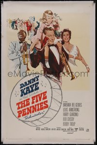 7x0542 FIVE PENNIES linen 1sh 1959 great artwork of Danny Kaye, Louis Armstrong & Barbara Bel Geddes!