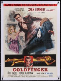 7x0960 GOLDFINGER linen French 23x31 1964 Jean Mascii art of Sean Connery as James Bond 007, rare!