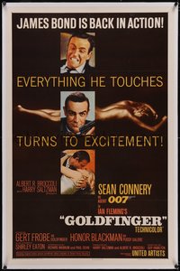 7x0556 GOLDFINGER linen 1sh 1964 three images of Sean Connery as James Bond 007 with a glossy finish!