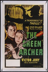 7x0562 GREEN ARCHER linen 1sh R1957 Edgar Wallace serial, Jory, Meredith + Robin Hood shadow, rare!