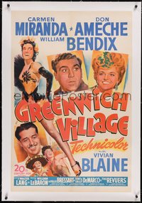 7x0563 GREENWICH VILLAGE linen 1sh 1944 art of sexy Carmen Miranda, Don Ameche & William Bendix!