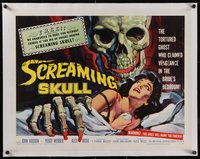 7x1134 SCREAMING SKULL linen 1/2sh 1958 best art of huge skull & sexy girl grabbed by skeleton hand!