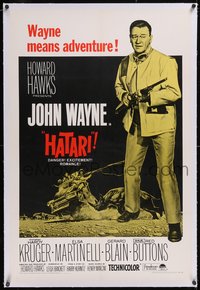 7x0571 HATARI linen 1sh R1967 directed by Howard Hawks, John Wayne means adventure in Africa!