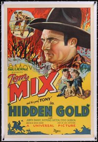 7x0575 HIDDEN GOLD linen 1sh 1932 great close up art of cowboy Tom Mix & in boxing ring, rare!