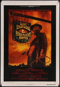 7x0577 HIGH PLAINS DRIFTER linen 1sh 1973 classic Lesser art of Clint Eastwood holding gun & whip!