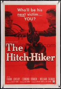 7x0579 HITCH-HIKER linen 1sh 1953 classic POV image of hitchhiker in back seat pointing gun at front!