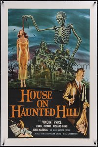 7x0584 HOUSE ON HAUNTED HILL linen 1sh 1959 Vincent Price w/severed head & skeleton w/hanging girl!