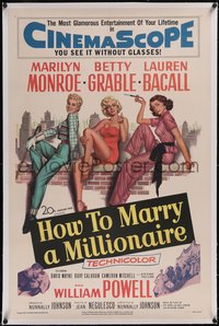 7x0585 HOW TO MARRY A MILLIONAIRE linen 1sh 1953 sexy Marilyn Monroe, Betty Grable & Lauren Bacall!