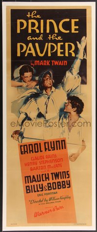 7x0048 PRINCE & THE PAUPER insert 1937 art of Errol Flynn with one of the Mauch Twins, ultra rare!