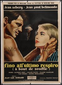 7x0363 A BOUT DE SOUFFLE linen Italian 1p 1960 Godard, Symeoni art of Seberg & Belmondo, ultra rare!