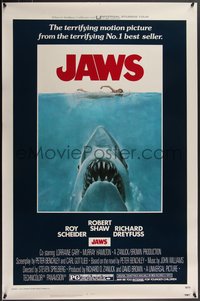 7x0120 JAWS 1sh 1975 classic Kastel art of Spielberg's shark attacking naked swimmer, unfolded!