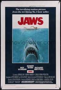 7x0598 JAWS linen 1sh 1975 Roger Kastel art of Spielberg's man-eating shark attacking sexy swimmer!