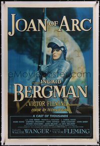 7x0601 JOAN OF ARC linen style A 1sh 1948 art of Ingrid Bergman with sword and armor on horseback!